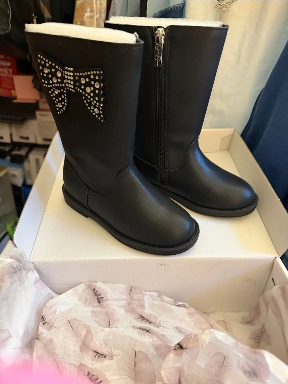 Jessica Simpson Black Kids Mid-Calf Boots with Rhinestone Bow